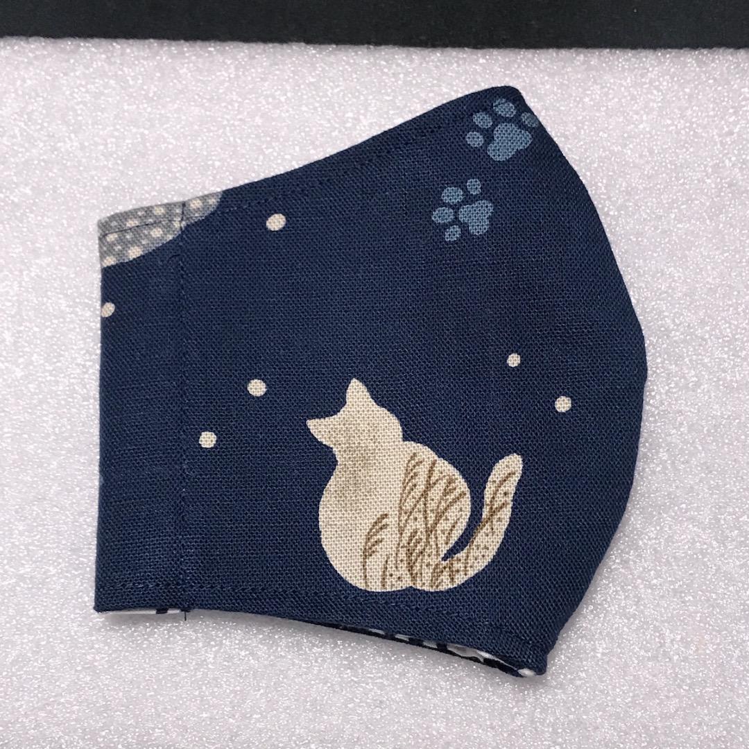 【猫柄紺色】ハンドメイド 大人用 立体 インナーマスク 手作り
