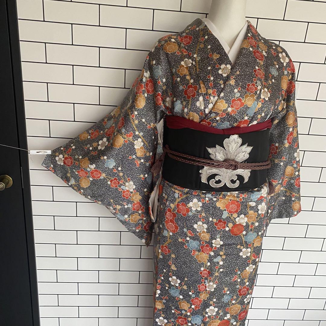 袷小紋美品！たたき染めのしつけ糸付き広襟 身丈153 梅柄