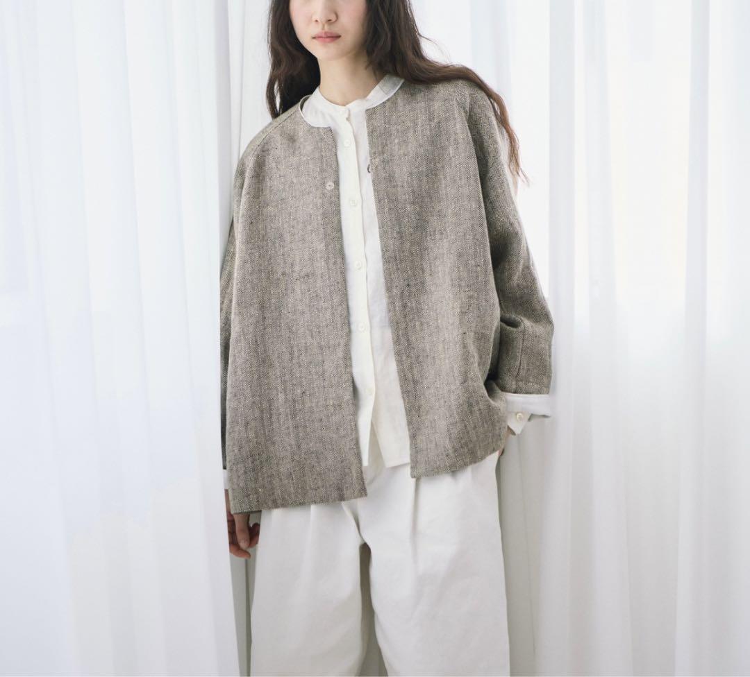 SALUE サルエ ヘリンボーン リネン ノーカラー ジャケット 1