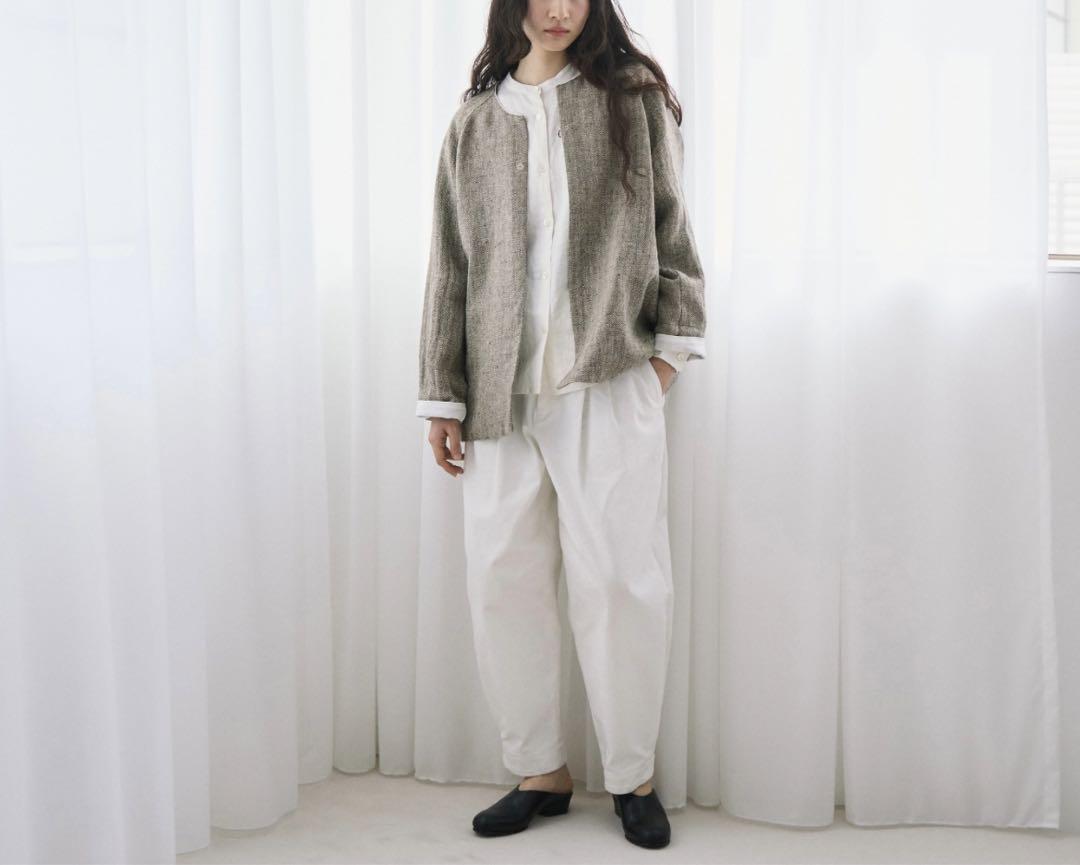 SALUE サルエ ヘリンボーン リネン ノーカラー ジャケット 1