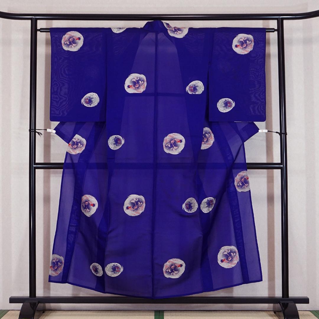 夏着物　紗　紫　正絹紬　桔梗　カジュアル　夏衣　155cm　a117