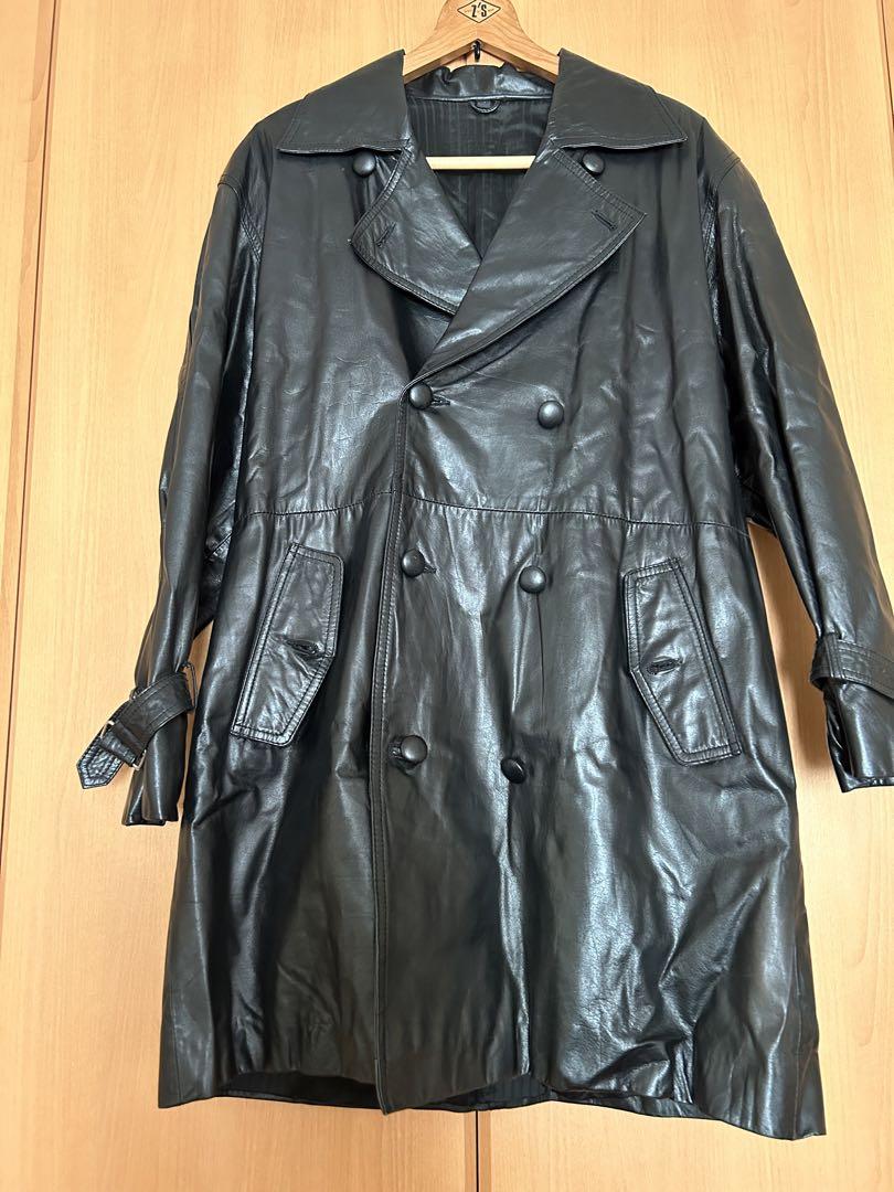 【初売り】 美品】レザートレンチコート 本革 ブラック ベルト付き ジャケット・アウター