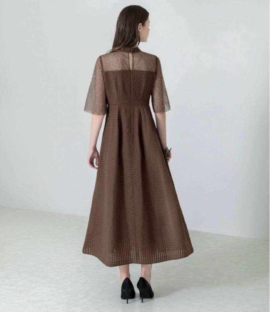 LEJA ビスチェ風切り替えプチハイネック花柄シアーレースワッフルロングドレス