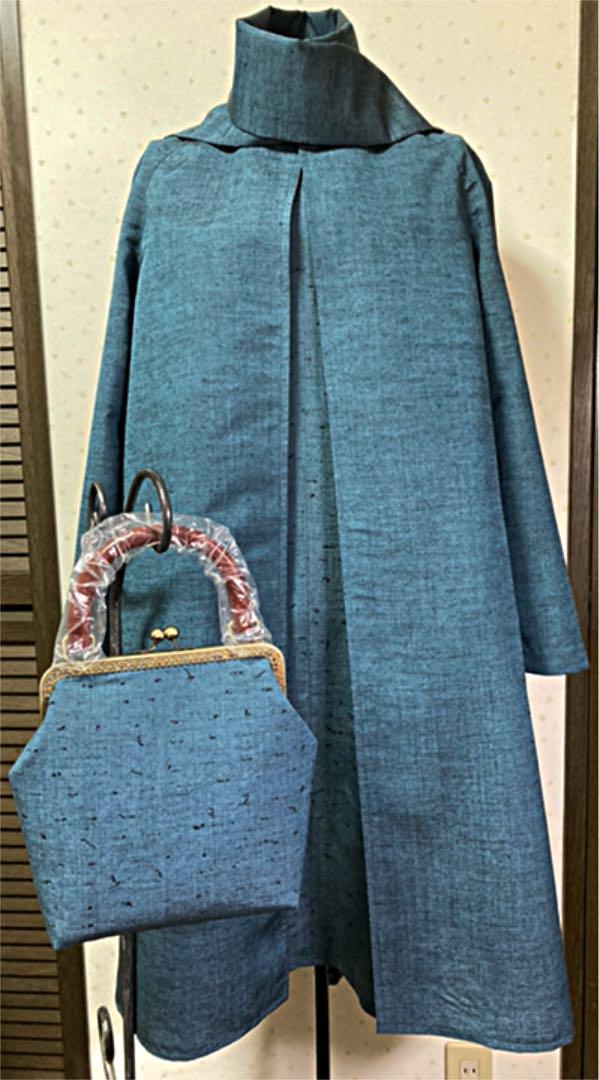 着物リメイク　米沢織新品　正絹　結び紬ワンピース＊コート＊スヌード＊バッグ4点