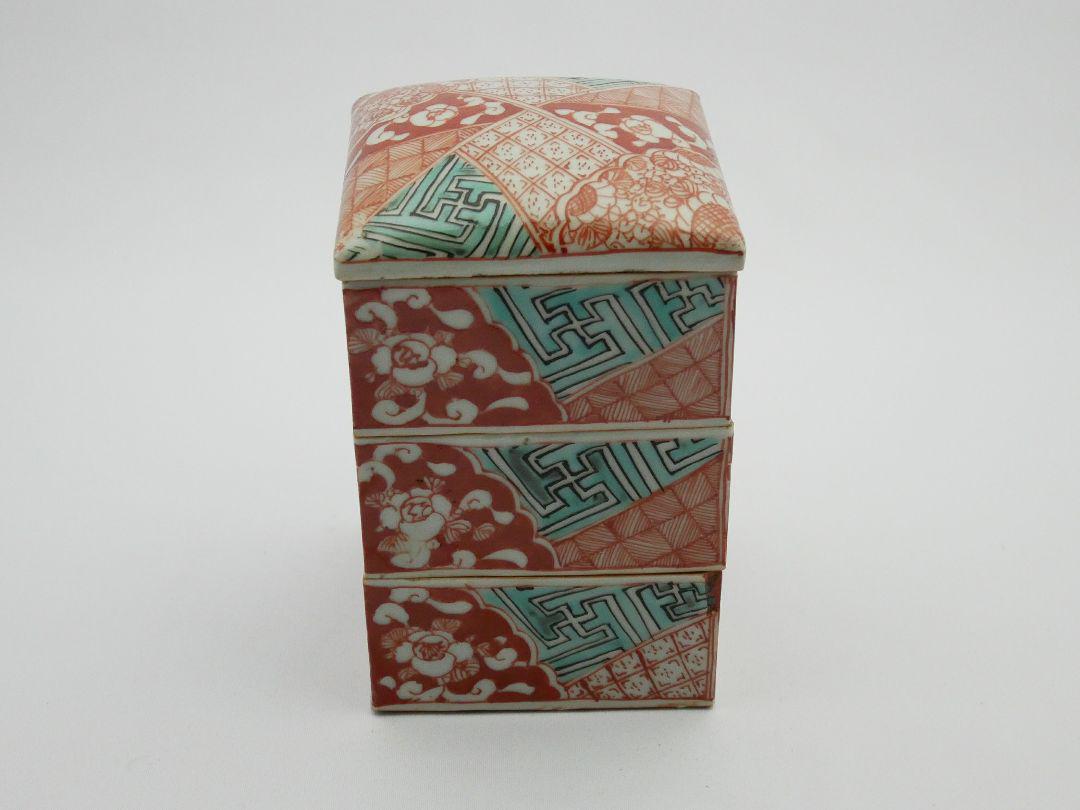 有田焼赤絵三段蓋付き角鉢 骨董品