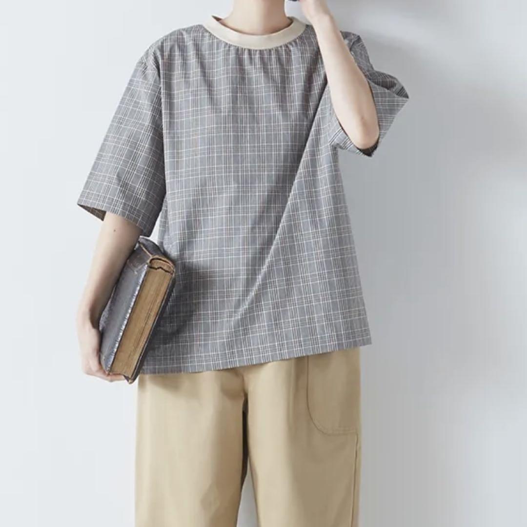 美品✨アトリエナルセ naruse コットンネックリブTシャツ グレンチェック