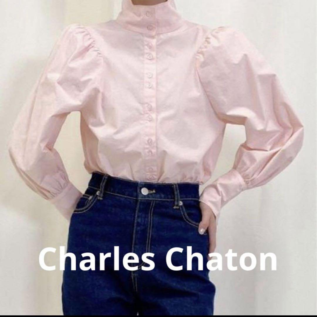 Charles Chaton ボリュームスリーブ スタンドカラーブラウス ピンク
