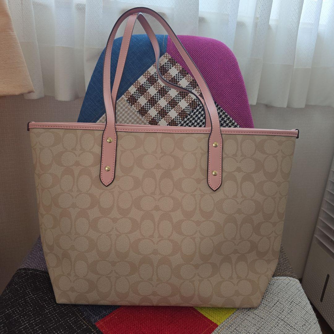 COACH ベージュ ピンク トートバッグ