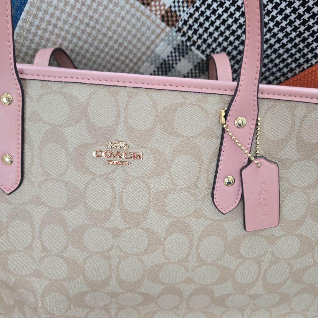 COACH ベージュ ピンク トートバッグ