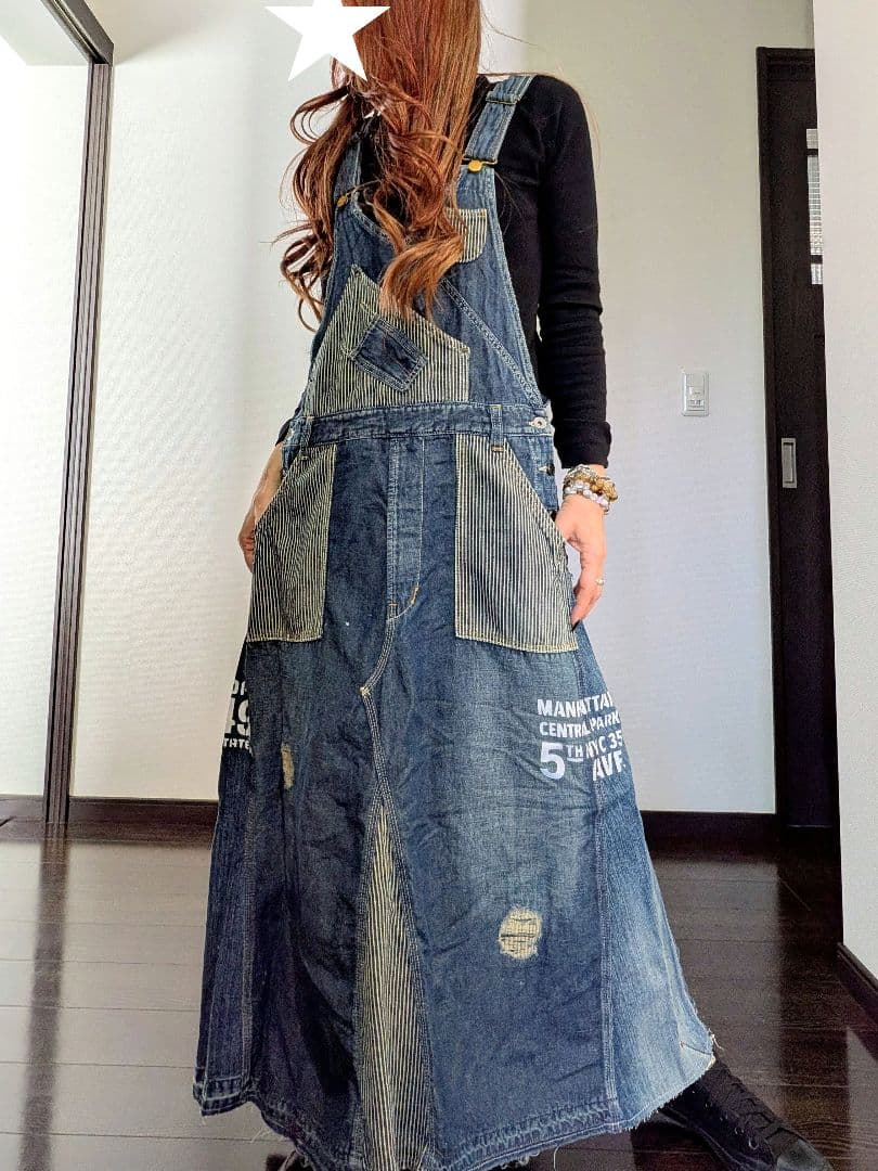 ★ヒッコリー デニムMIX ダメージ ペイント リメイク サロペットスカート★ ★ヒッコリー デニムMIX ダメージ ペイント リメイク サロペットスカート★