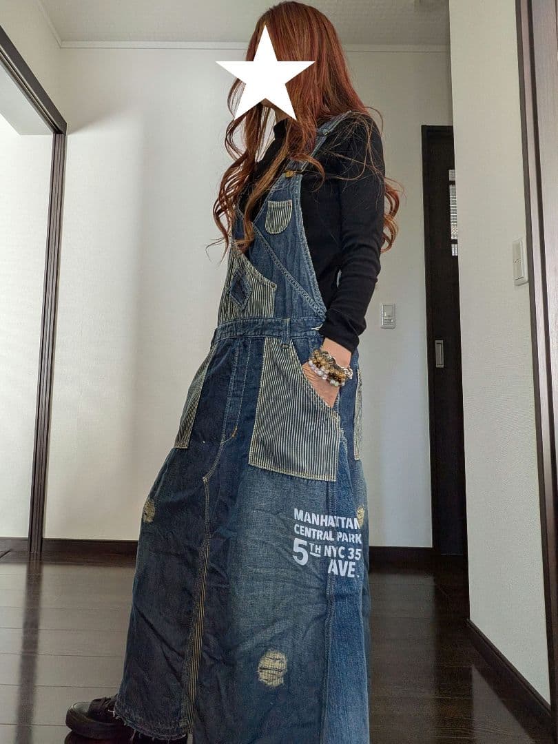 ★ヒッコリー デニムMIX ダメージ ペイント リメイク サロペットスカート★ ★ヒッコリー デニムMIX ダメージ ペイント リメイク サロペットスカート★