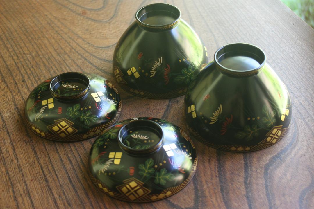 デッドストック！上質黒漆に風情ある秋草蒔絵の映える小ぶり秀衡椀2点（検輪島塗小椀