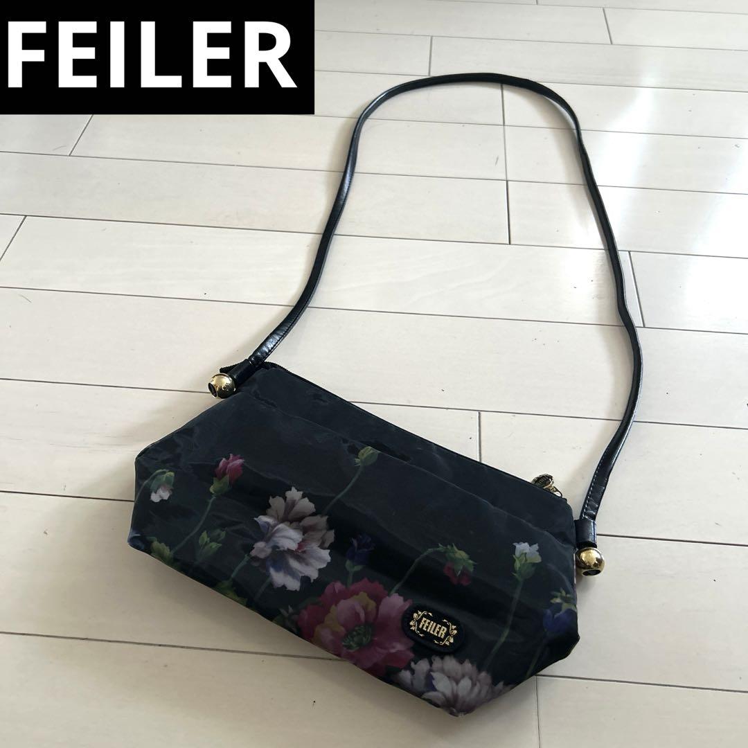 美品FEILER◆軽量斜めがけショルダーバッグ　黒　花柄