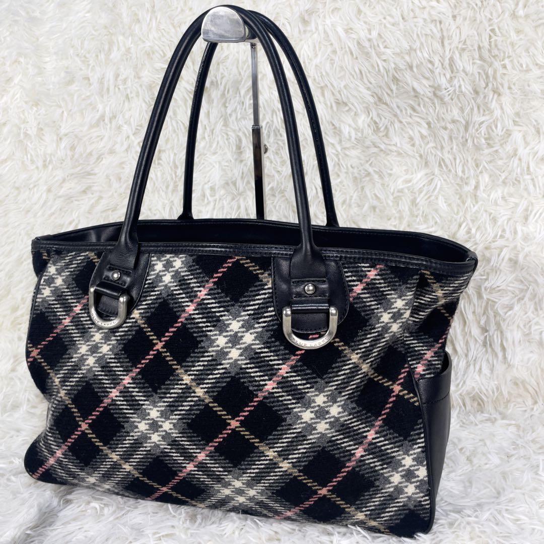 【匿名配送】　バーバリーブルーレーベル　ハンドバッグ　トートバッグ バーバリーブルーレーベル ネイビー ハンドバッグ 布×牛革