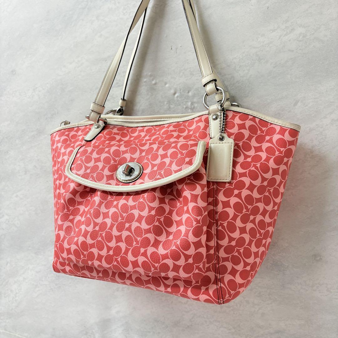 美品 COACH コーチ シグネチャー トートバッグ PVC レッド系