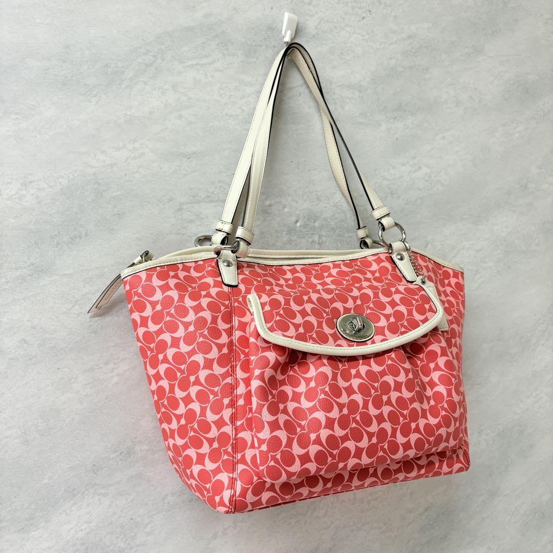 美品 COACH コーチ シグネチャー トートバッグ PVC レッド系