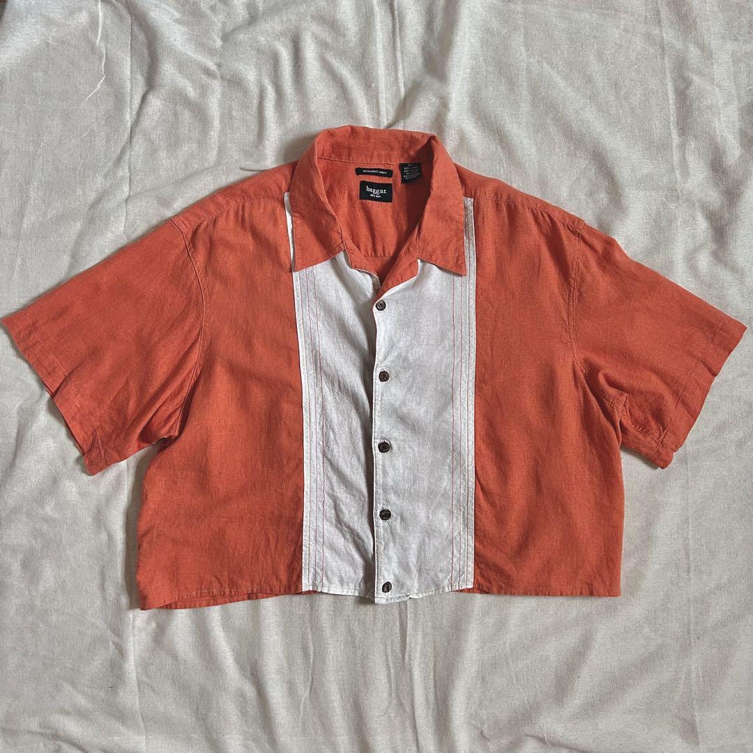 00s Y2K　短丈 リネン オープンカラーシャツ haggar XXL