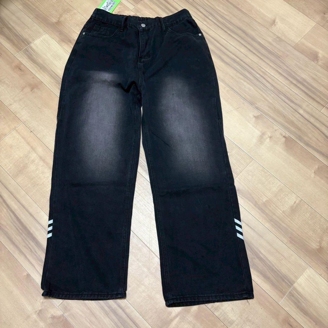新品 ストライプデザイン ワイドレッグデニムパンツ ブラック