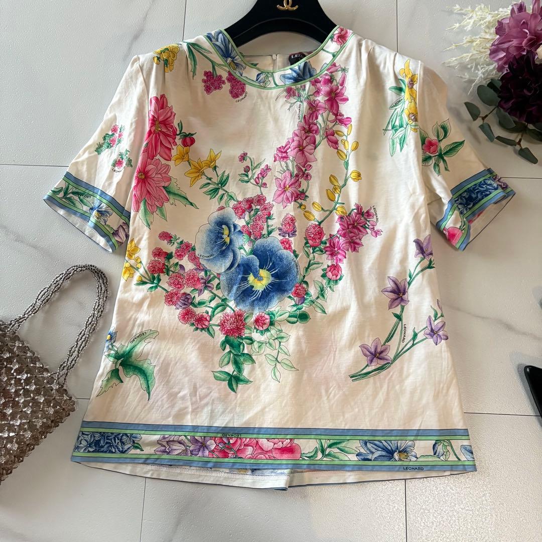 LEONARD 花柄 半袖Tシャツ カットソー 白 ボタニカル L 綿100L LEONARD