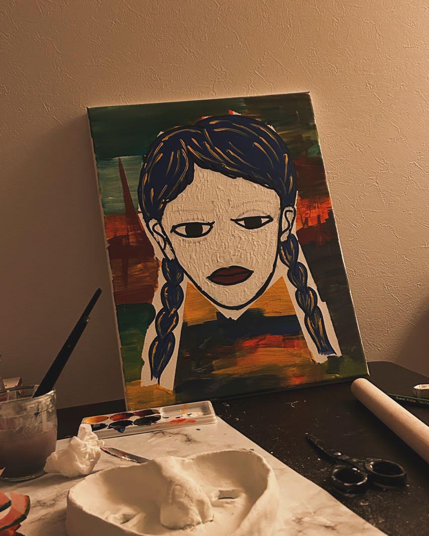 仮面をつけた少女 アート 絵画 アクリル 画像1