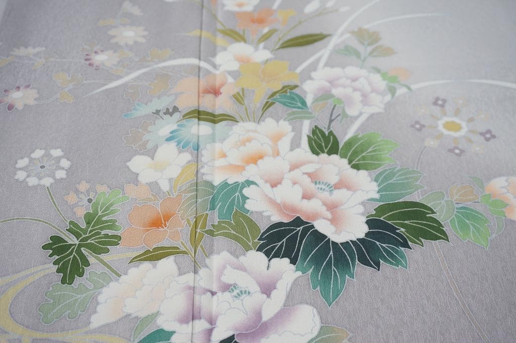 未使用 手描き友禅 染め分け 訪問着 花柄 正絹 白 グレー 紫 693 | www