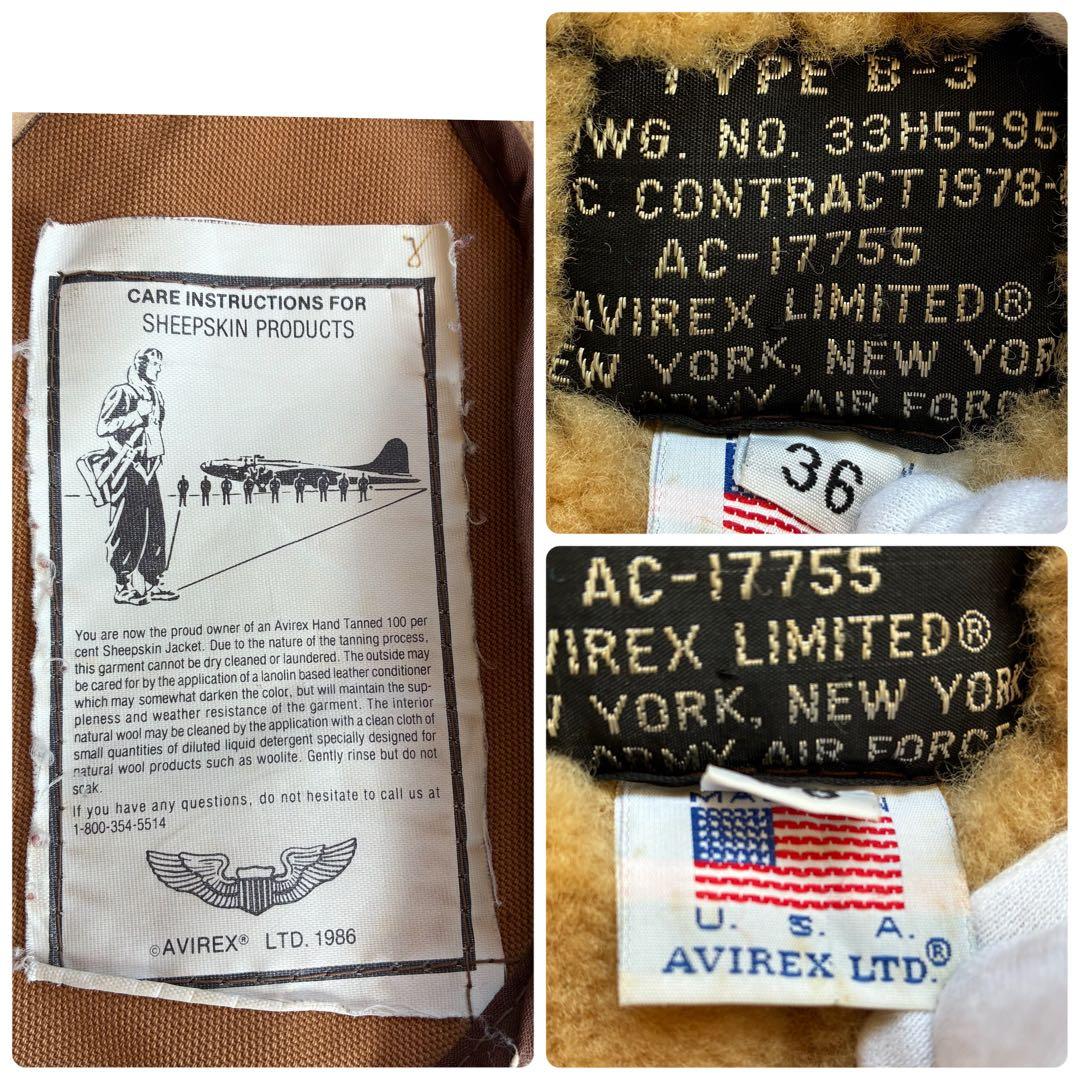 USA製 AVIREX B-3 ムートンジャケット 羊革 フライト ボマー 36 USA製 AVIREX B-3 ムートンジャケット 羊革 フライト ボマー 36