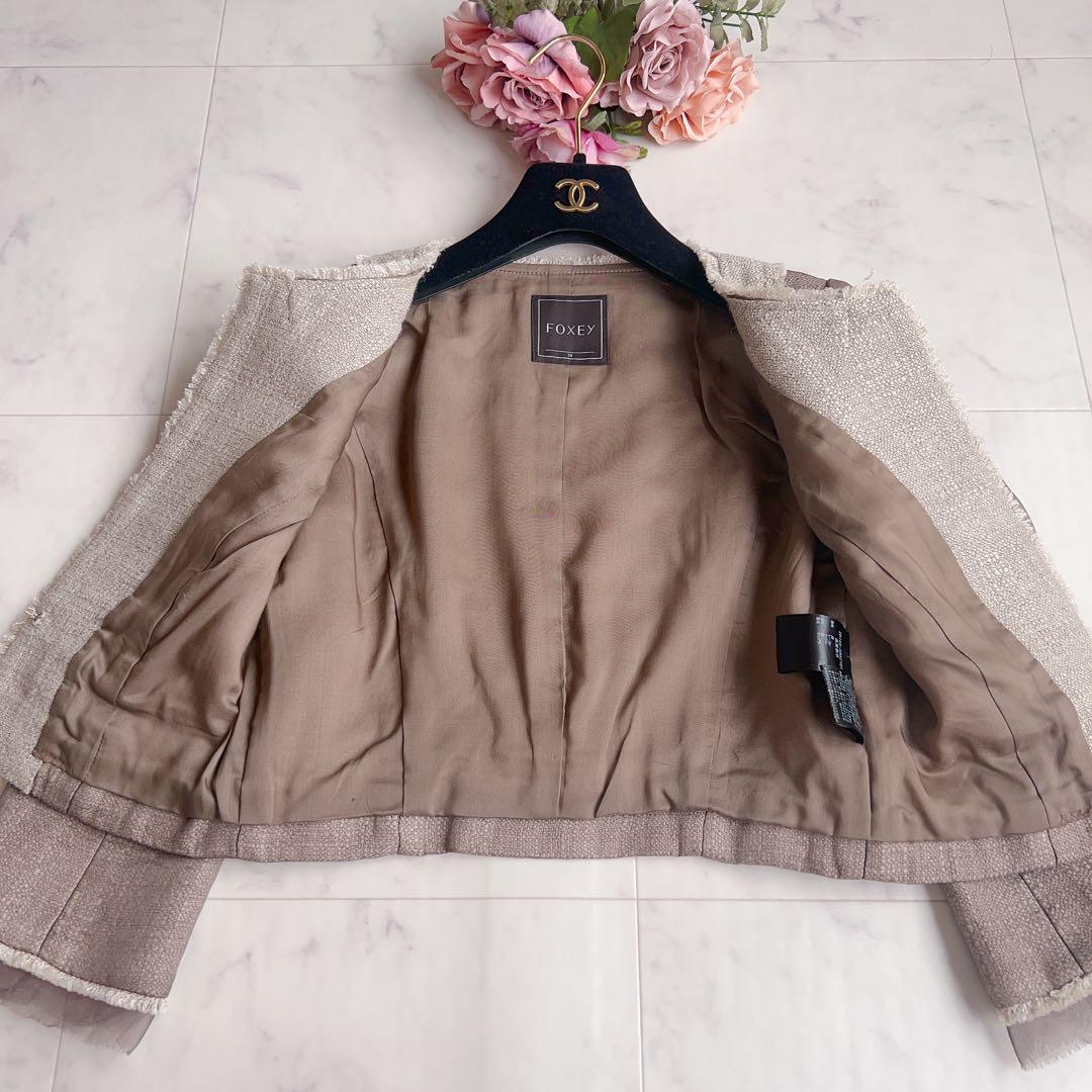 美品✨フォクシー ツイードワンピースセットアップ シルクシフォン ベージュ38 画像6