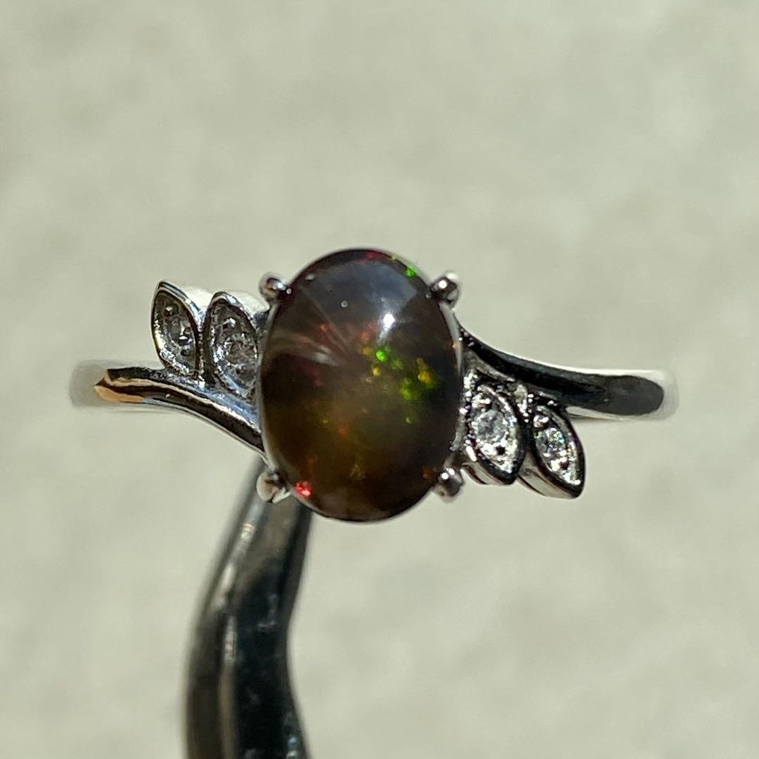 天然石 ブラックオパール リング 8×6mm 指輪 フリーサイズ