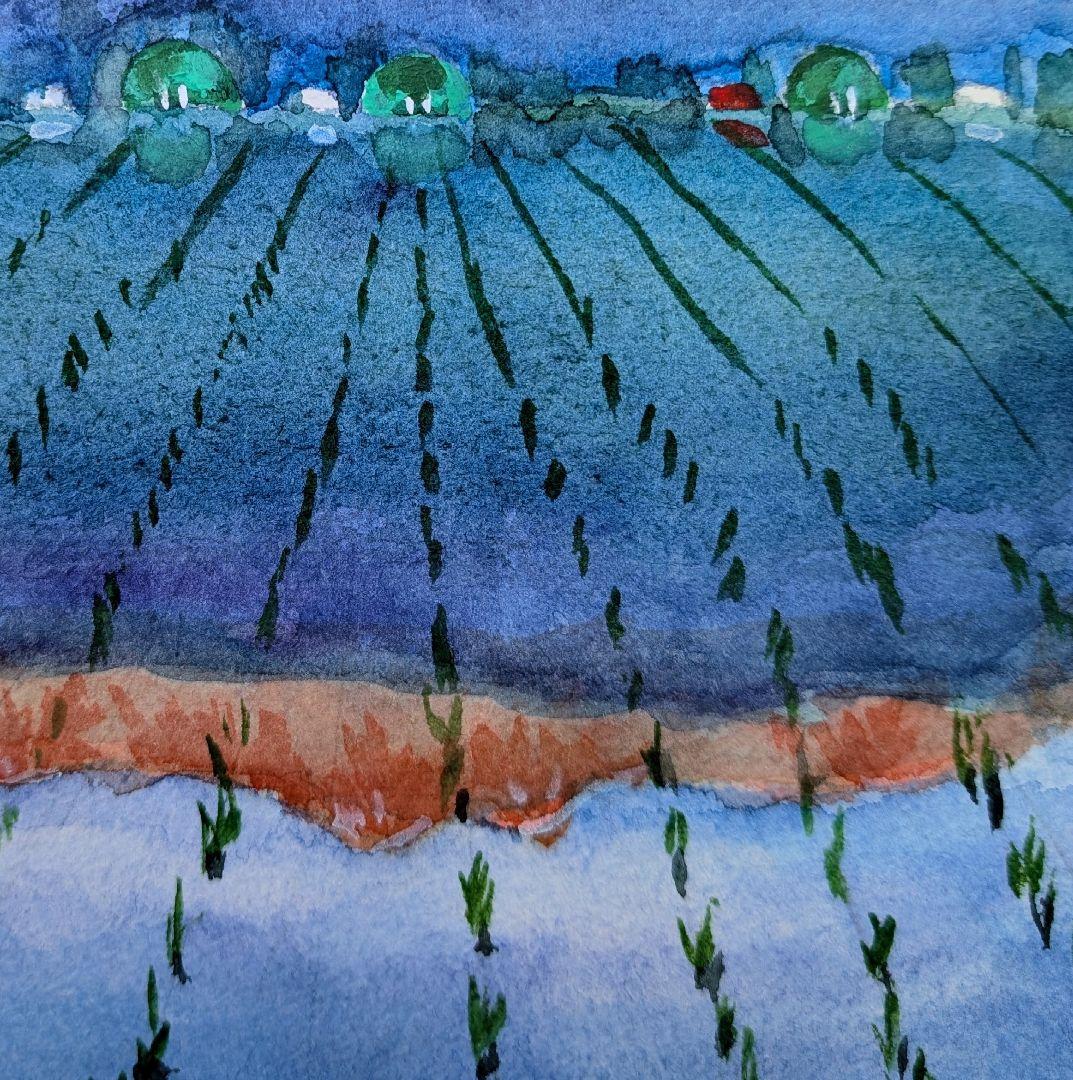 安曇野 《 夕焼けに染まる 北アルプス 》水彩画 風景画 原画