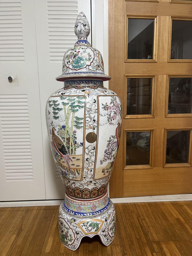 極上品 希少☆飾壺 蓋付き壺 沈香壺 金襴極彩色 花鳥 高さ約130cm