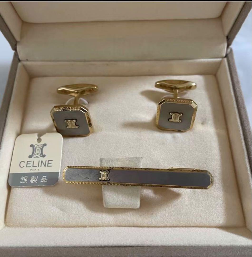 未使用保管品　CELINE ロゴ　カフス&＆タイクリップ　Silverゴールド