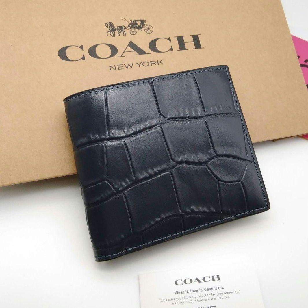新作　新品　COACH　折り財布　メンズ　クロコダイル　人気の小銭入れ付き