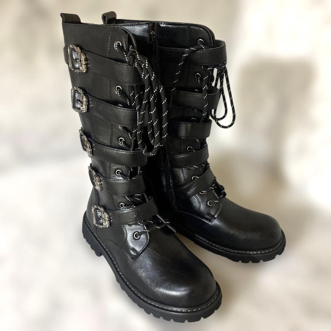 【美品】スカルバックル　厚底　レザー　ロングブーツ27センチ　メンズ厚底ブーツ