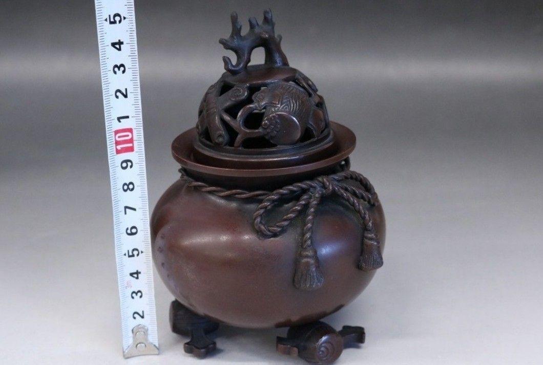 【和】高岡銅器★ 周政作 ★袋形　香炉　小槌、珊瑚