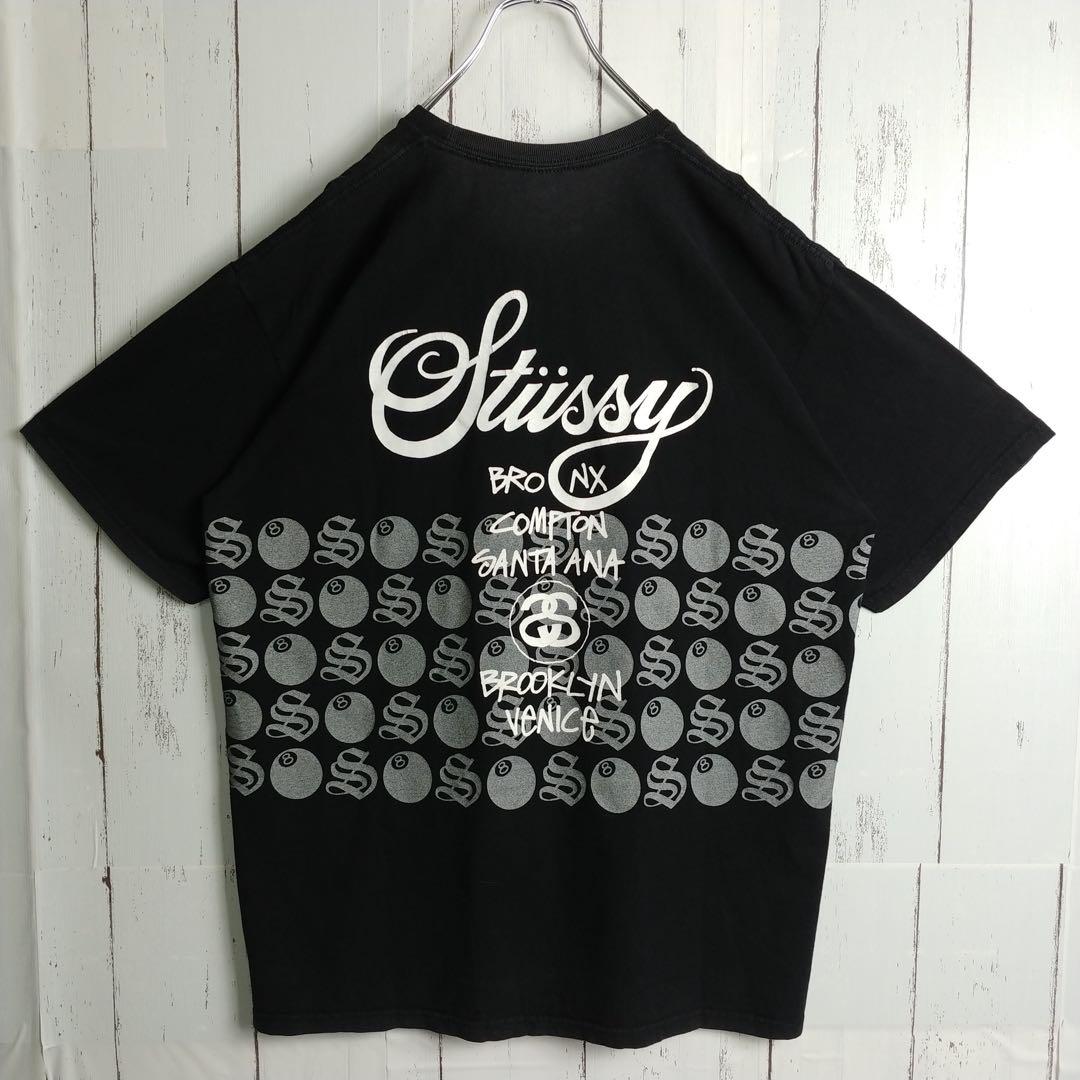 完売モデル】ステューシー Tシャツ 黒 白 8ボール 総柄 大きめサイズ