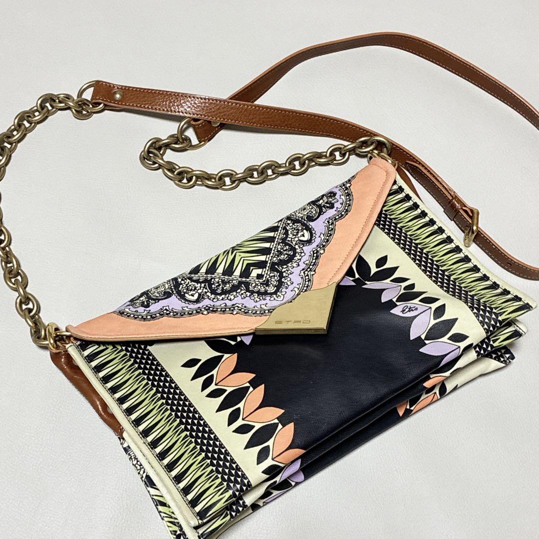 ETRO エトロ レザー 総柄 チェーン 2WAY ショルダーバッグ 斜め掛け