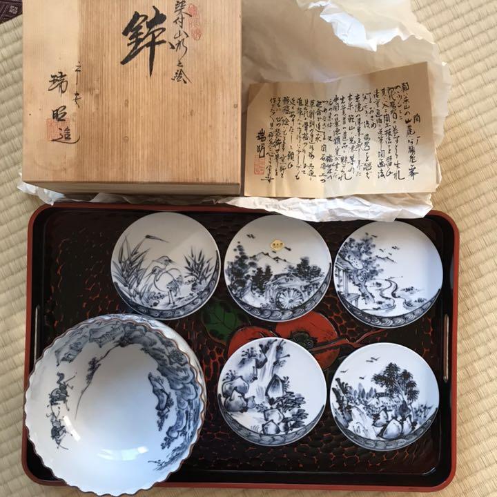 清水焼 大野瑞昭 染付山水之絵 鉢 小皿 瑞昭窯 二代目 ahpsoman.com