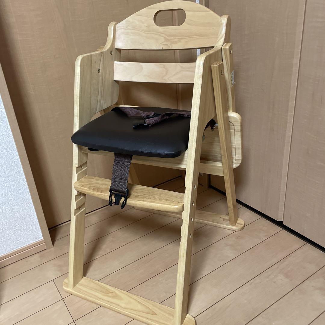 #604【美品】KATOJI 木製 ハイチェア ワイド 折りたたみ股ベルト付