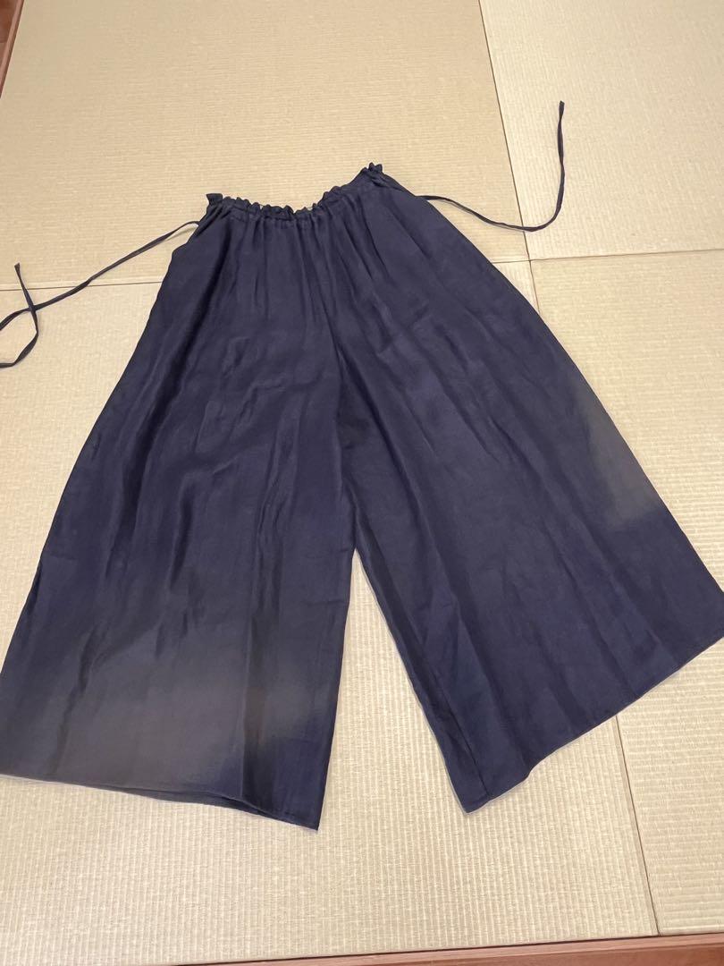 麻100%ダークネイビー ワイドレッグ ガウチョパンツ　　サイズ0