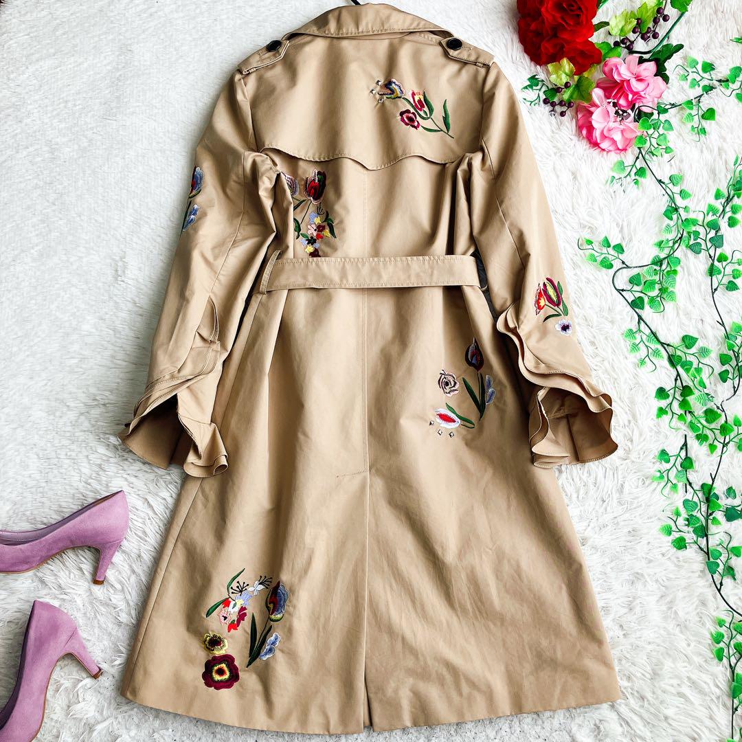 ZARA ザラ★フレアスリーブ 花柄刺繍 スタッズ トレンチコート ダブル 総柄