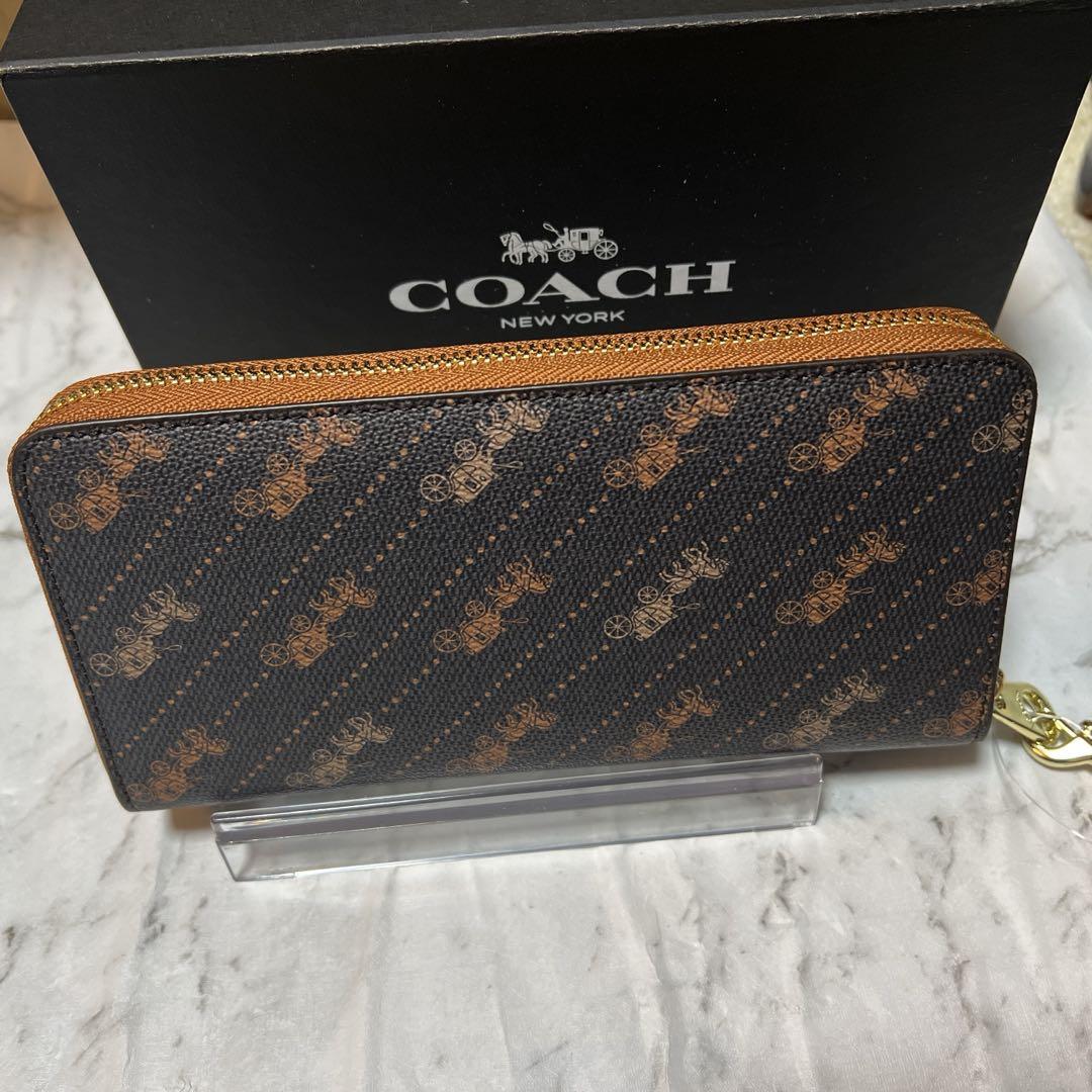 COACH 長財布 ダークブラウン/オレンジコーチ 新品未使用ラウンドファスナー