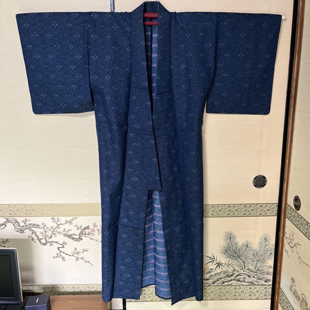 幾何学模様 ダークブルー 着物