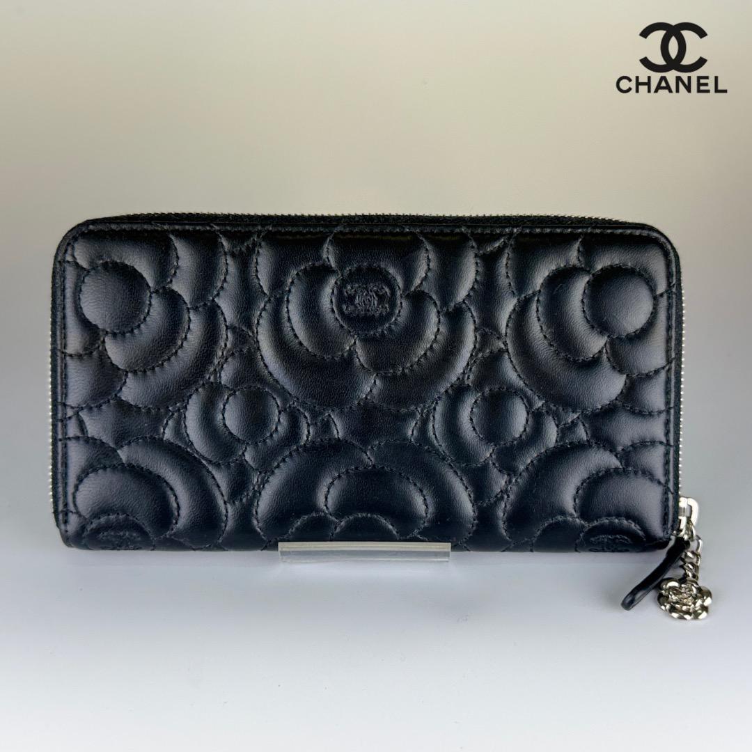 CHANEL シャネル　カメリアエンボス　ラムスキン　ラウンドファスナー　長財布