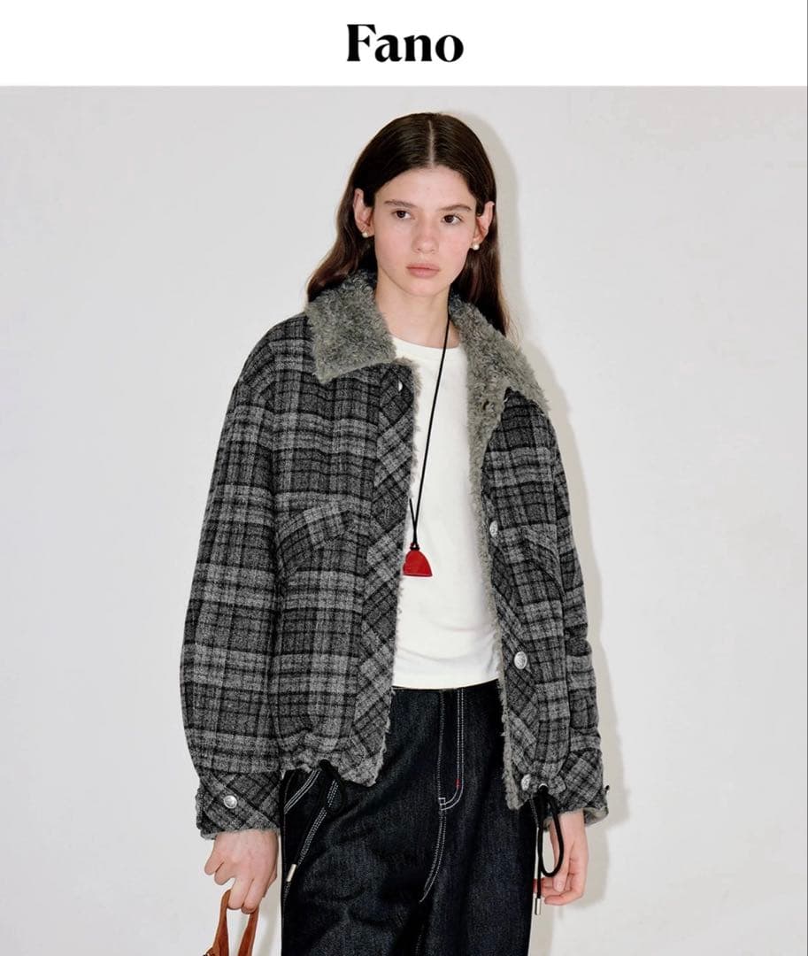 Fano Studios2WAY フェイクムートン×チェック柄ウールコートM