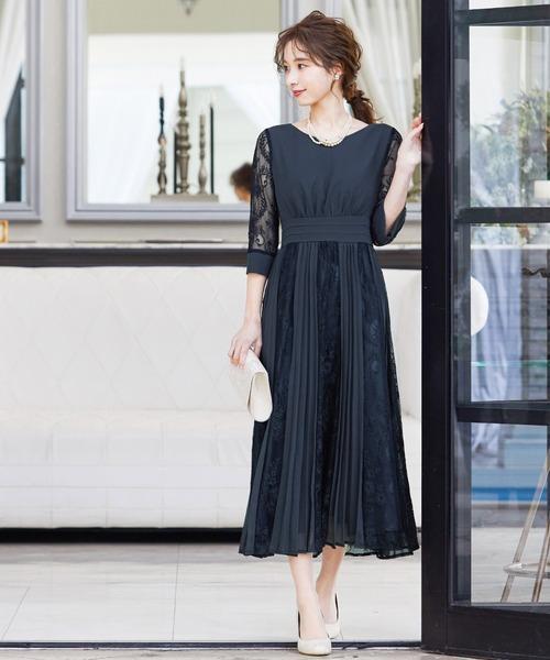 【美品】niana ドレス 7分袖ワンピース☆プリーツ×レース