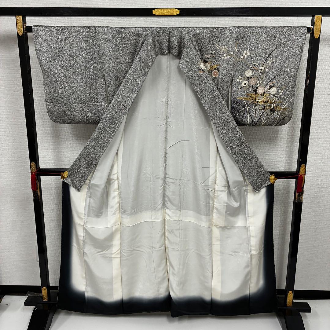 金彩 叩き染 裄65.5 縮緬 素敵デザイン 紋無し 付下げ 正絹 T-4895 金彩 叩き染 裄65.5 縮緬 素敵デザイン 紋無し 付下げ 正絹 T