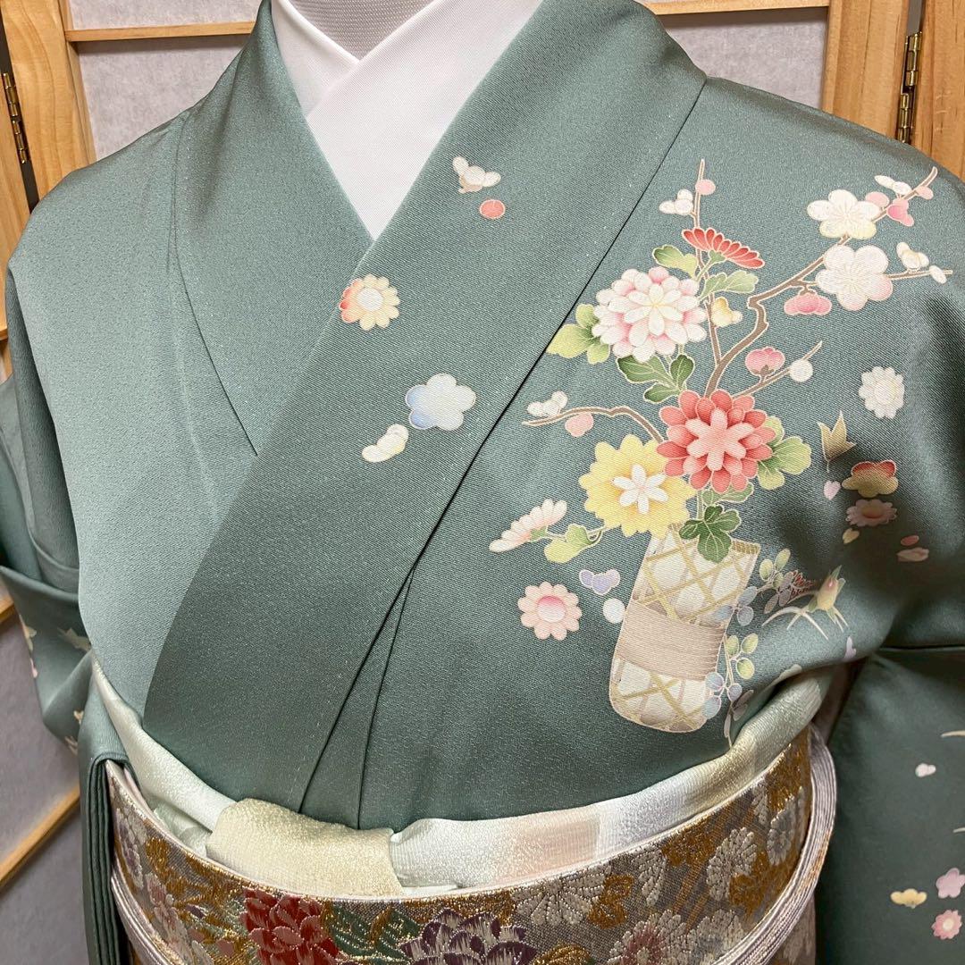 ［4366］訪問着 美品 友禅 駒刺繍 金彩 花籠 正絹 着物 袷