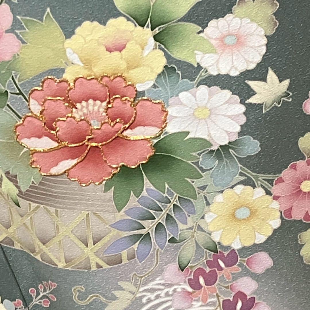 ［4366］訪問着 美品 友禅 駒刺繍 金彩 花籠 正絹 着物 袷