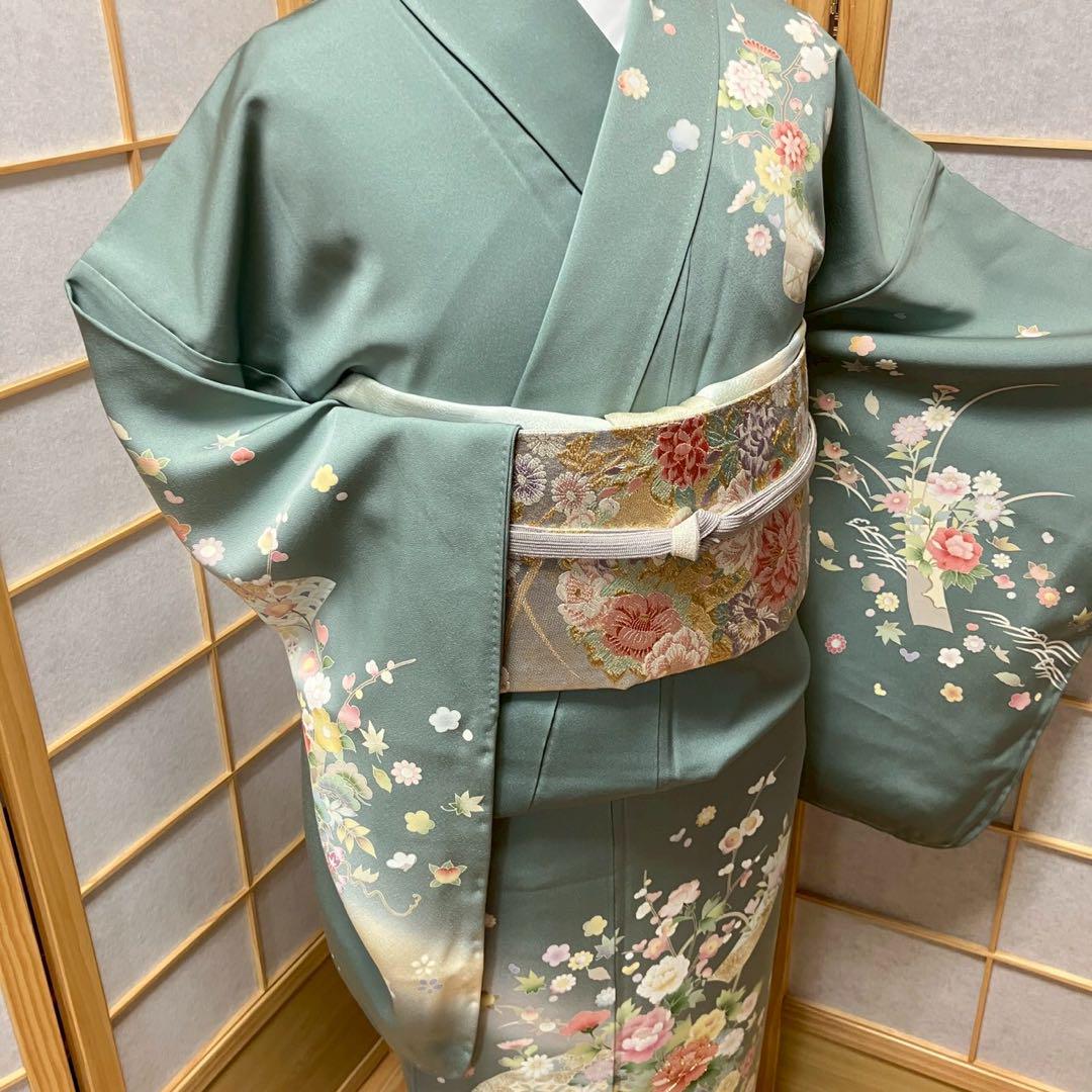［4366］訪問着 美品 友禅 駒刺繍 金彩 花籠 正絹 着物 袷