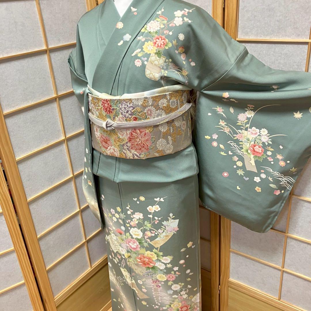 ［4366］訪問着 美品 友禅 駒刺繍 金彩 花籠 正絹 着物 袷
